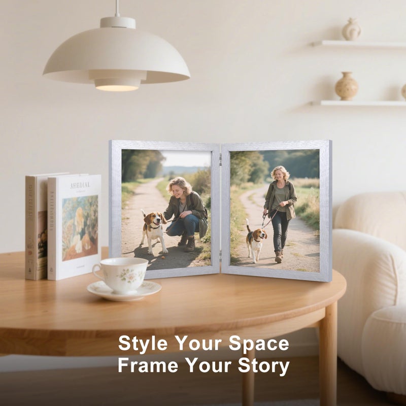 Forev 8x10 Double Picture Frame Wooden Hinged Photo Frame Definition Glass Stand Vertically on Desktop or Tabletop Silver - Image 5